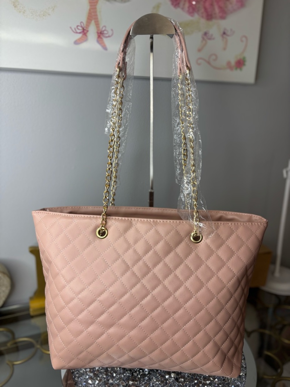 Badgley Mischka quilted chain strap tote bag in blush NWT - Picture 5 of 14